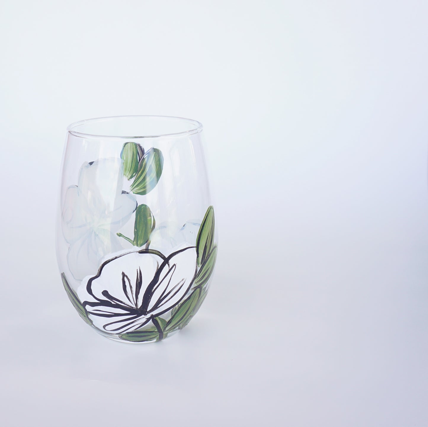 Hand Painted Stemless Wine Glass - Whiten Comic Style Flower