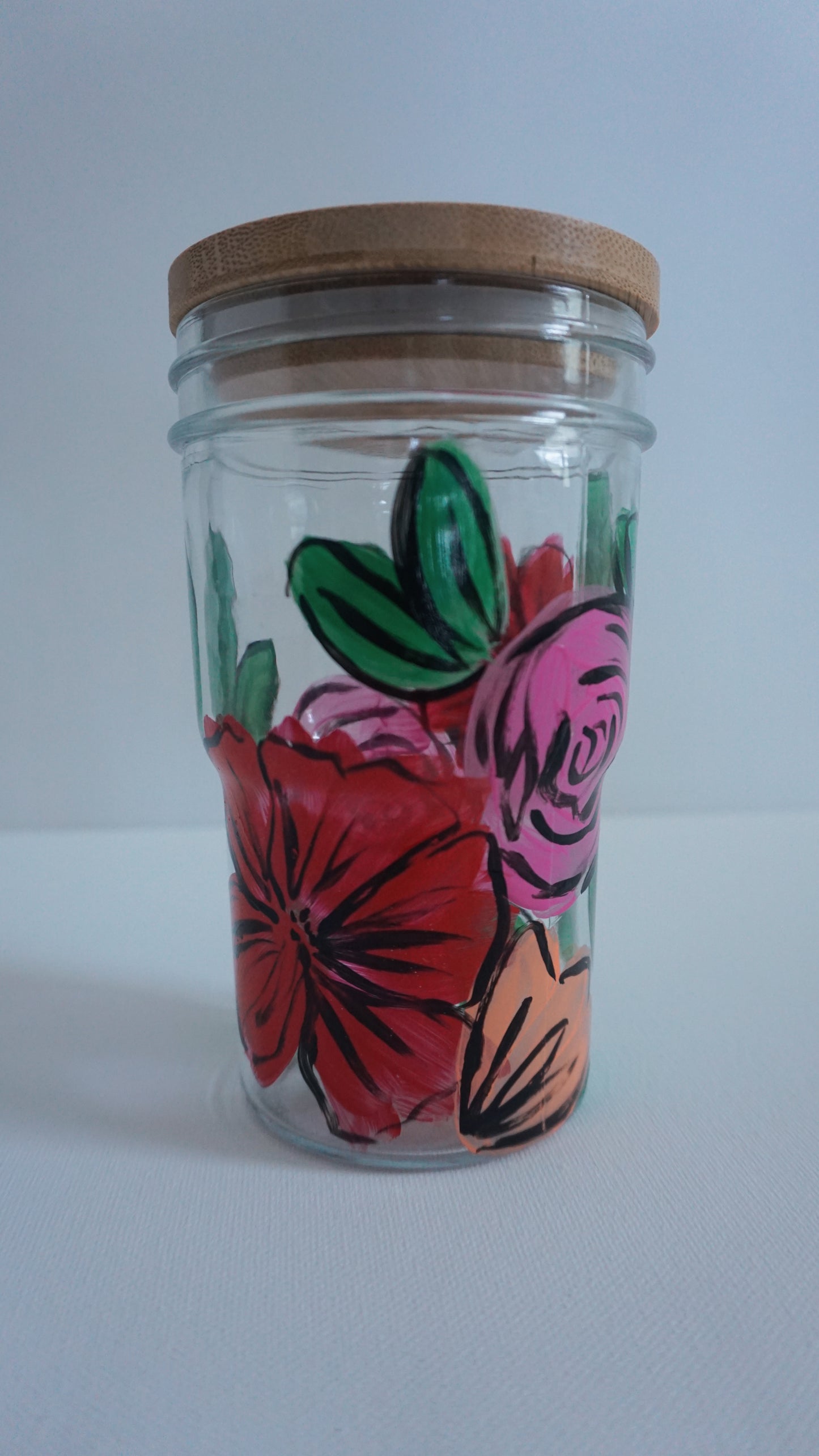 Hand Painted Glass Tumbler with Bamboo Lid and Glass Straw - “Desi’s Bouquet”