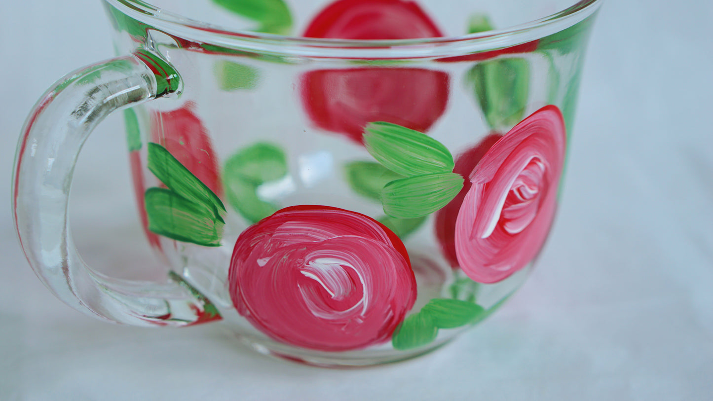 Hand Painted Glass Mug - Red Rose