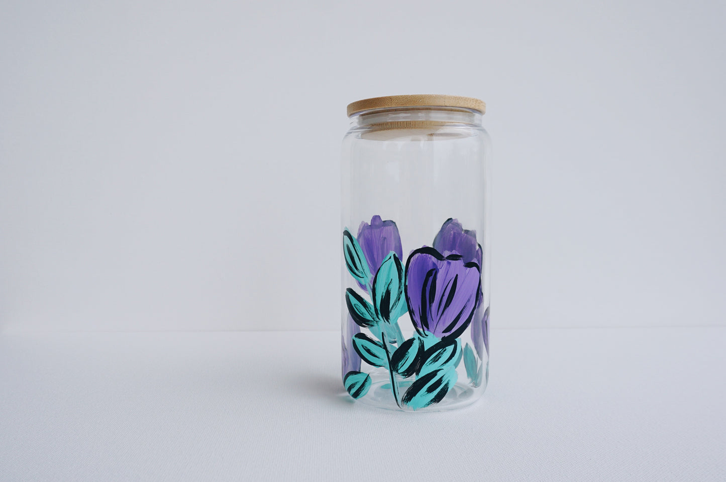 Hand Painted Glass Cup with Bamboo Lid and Glass Straw - Comic Book Purple Tulip