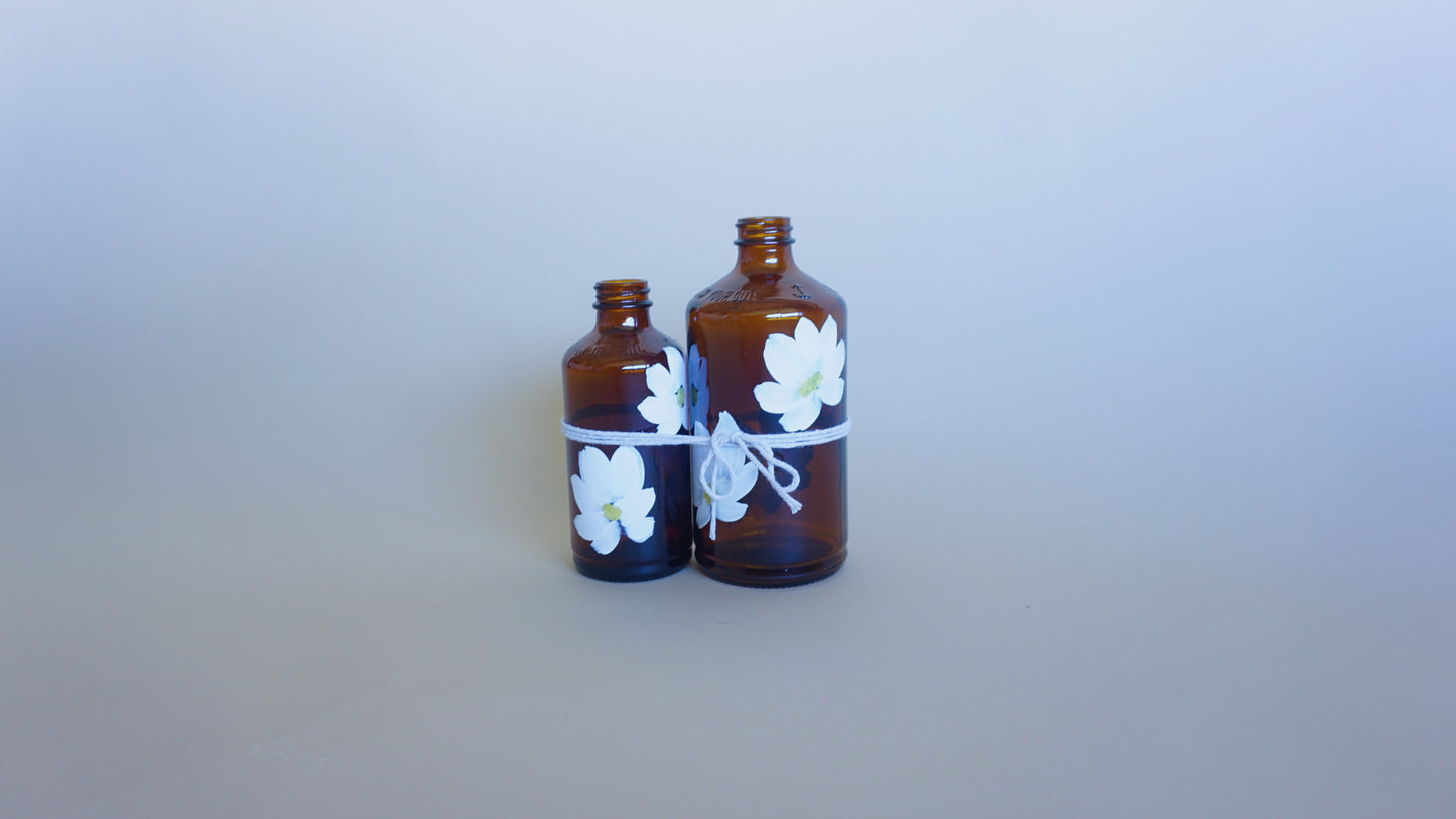 Hand Painted Glass Bottle Set- Transparent Brown - White Flower