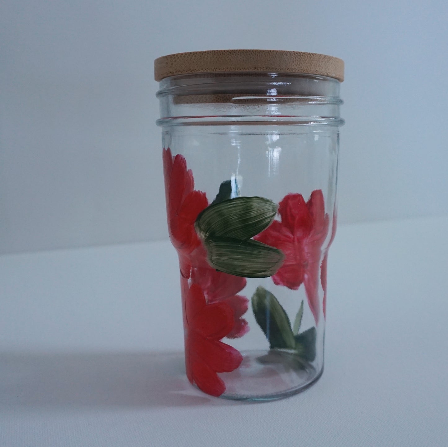 Hand Painted Glass Tumbler with Bamboo Lid and Glass Straw - Red Flower