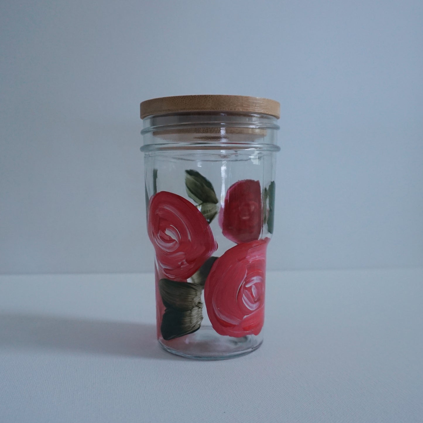 Hand Painted Glass Tumbler with Bamboo Lid and Glass Straw - Red Rose