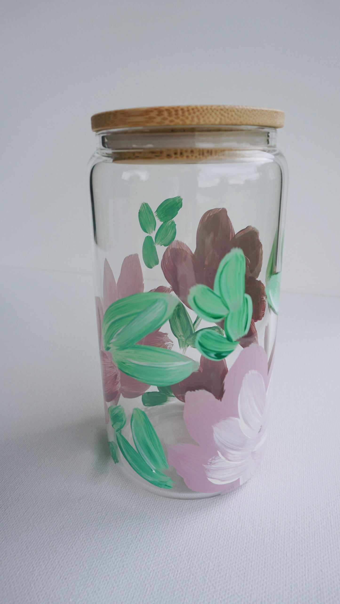 Hand Painted Glass Cup with Bamboo Lid and Glass Straw - Purple Flower