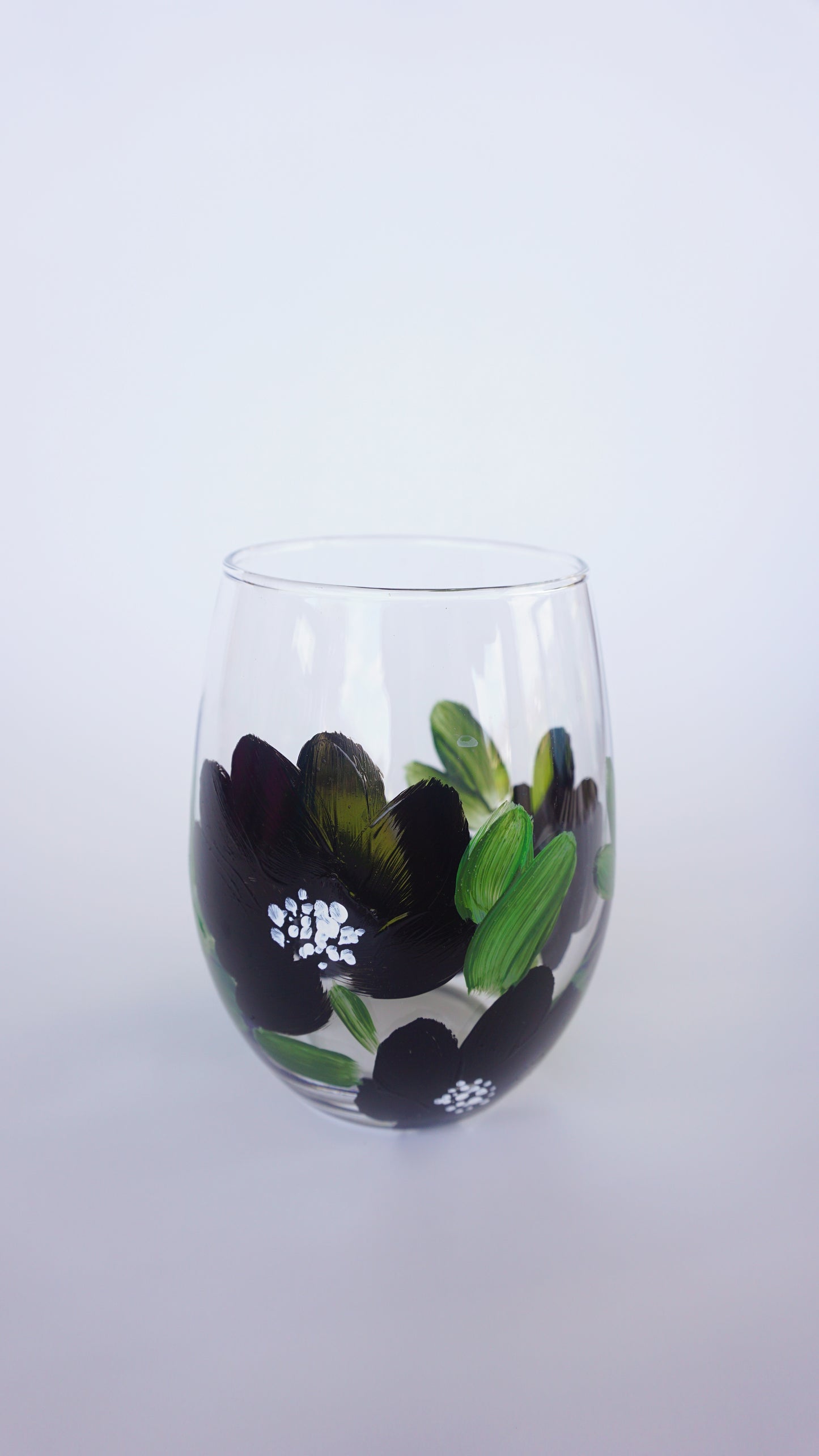 Hand Painted Stemless Wine Glass - Black Flower