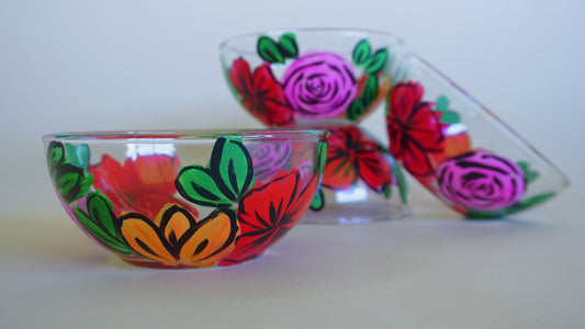 Hand Painted Glass Bowl Set - "Desi's Bouquet"