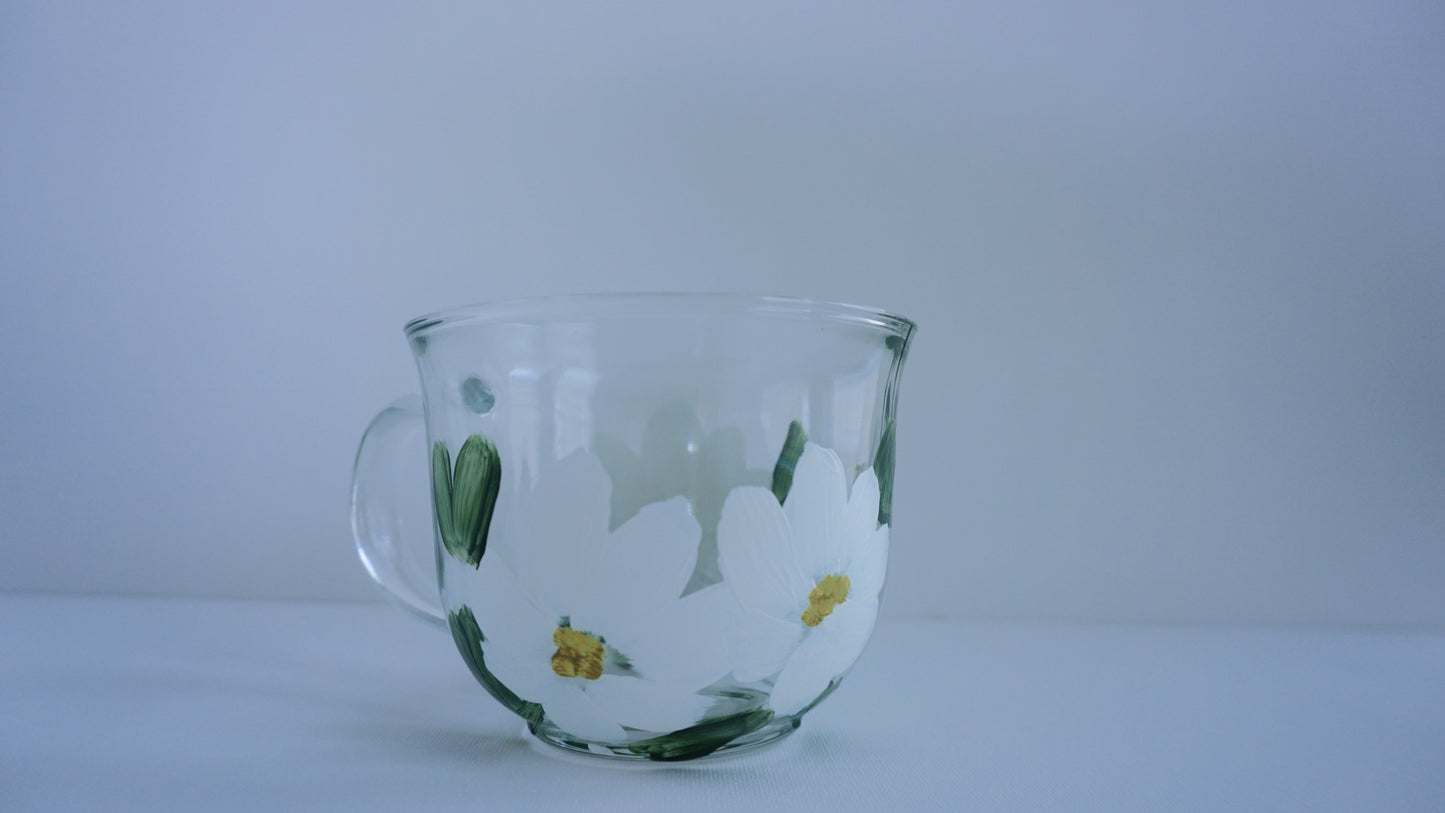 Hand Painted Glass Mug - White Flower