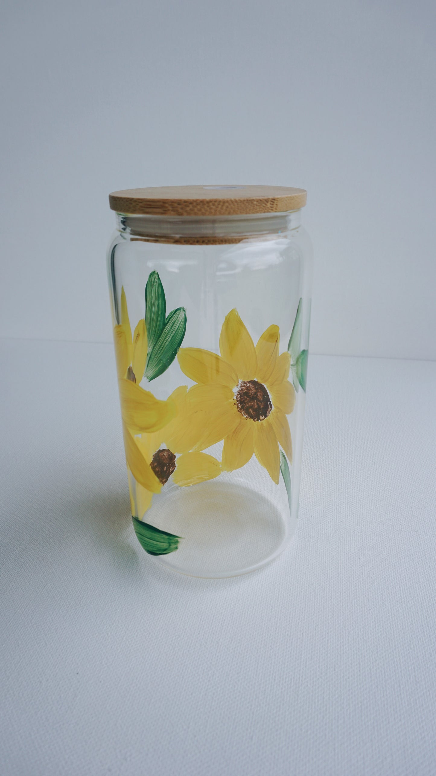 Hand Painted Glass Cup with Bamboo Lid and Glass Straw - Sunflower