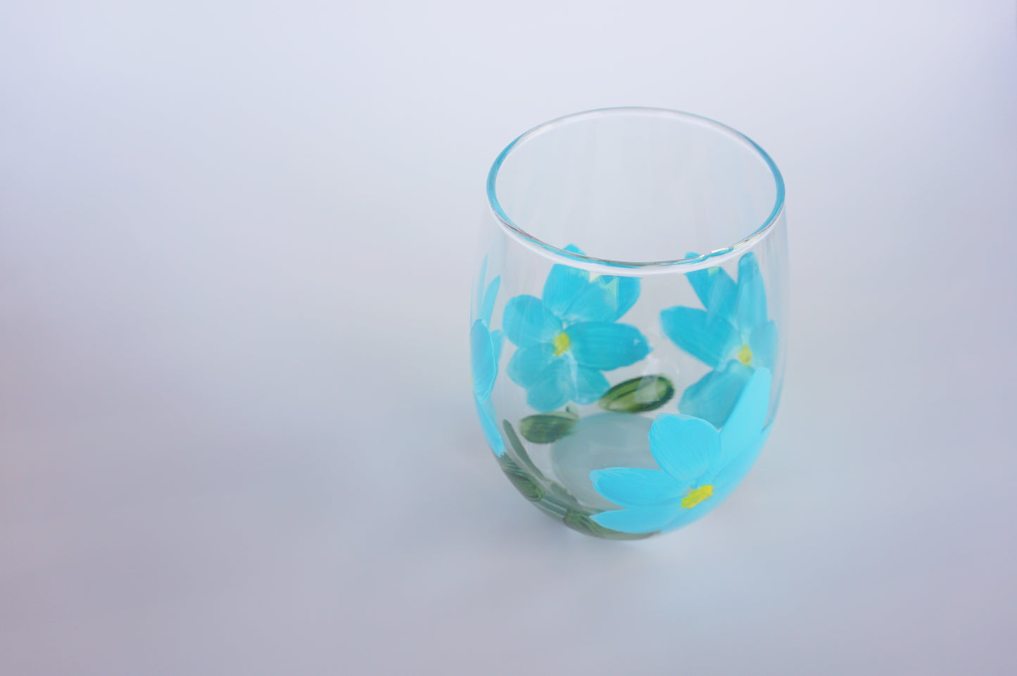 Hand Painted Stemless Wine Glass - Blue Flower