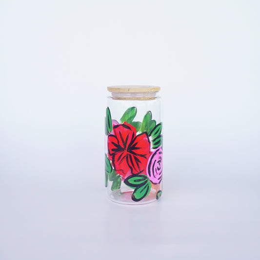 Hand Painted Glass Cup with Bamboo Lid and Glass Straw - "Desi's Bouquet"