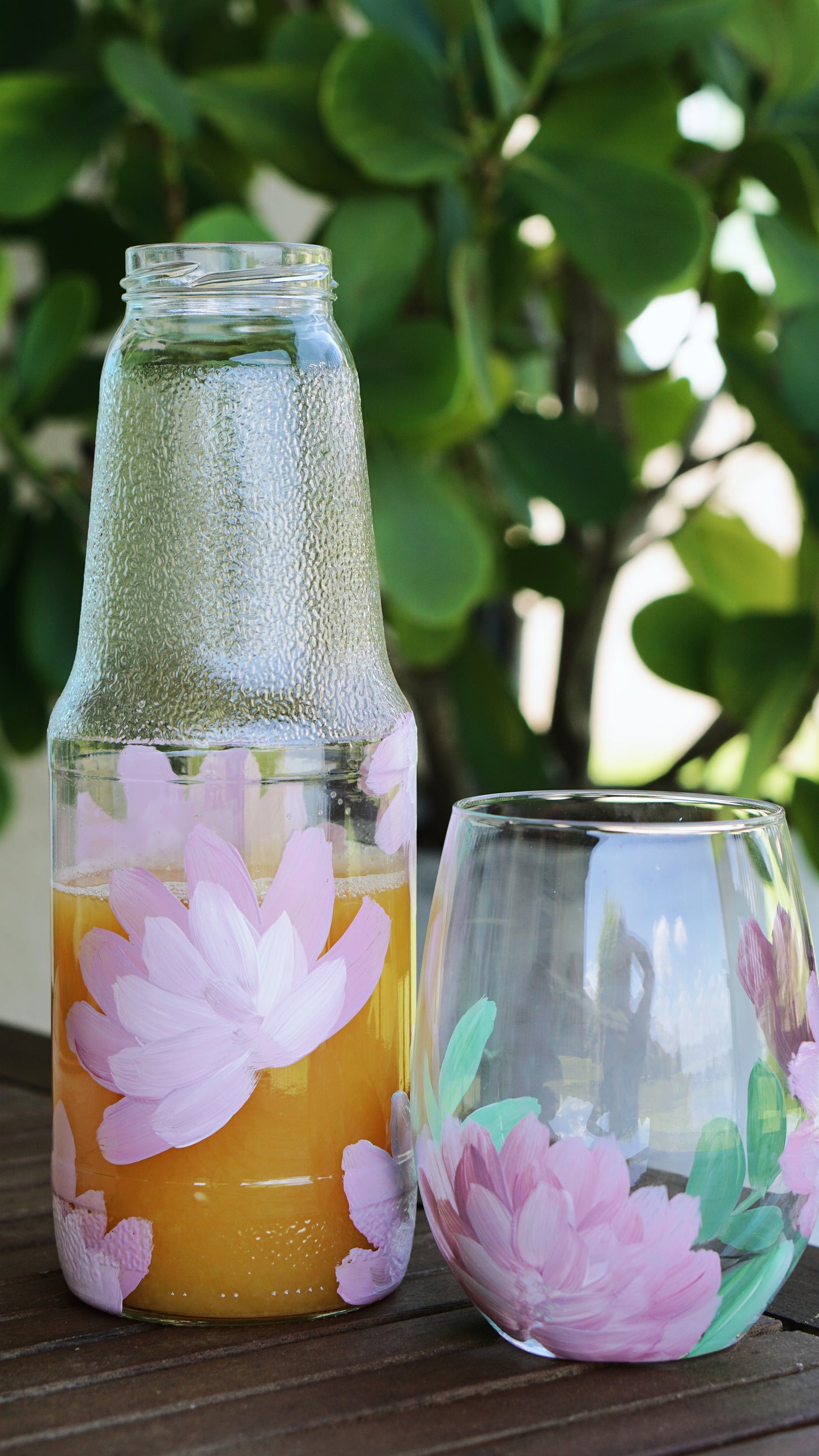 Hand Painted Stemless Wine Glass - Purple Flower