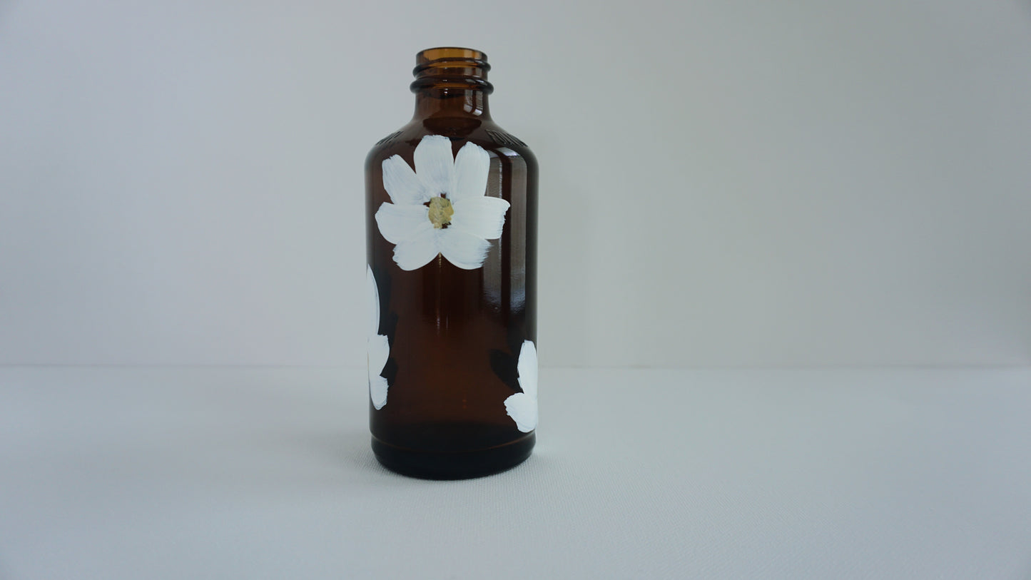 Hand Painted Glass Bottle - Transparent Brown - White Flower