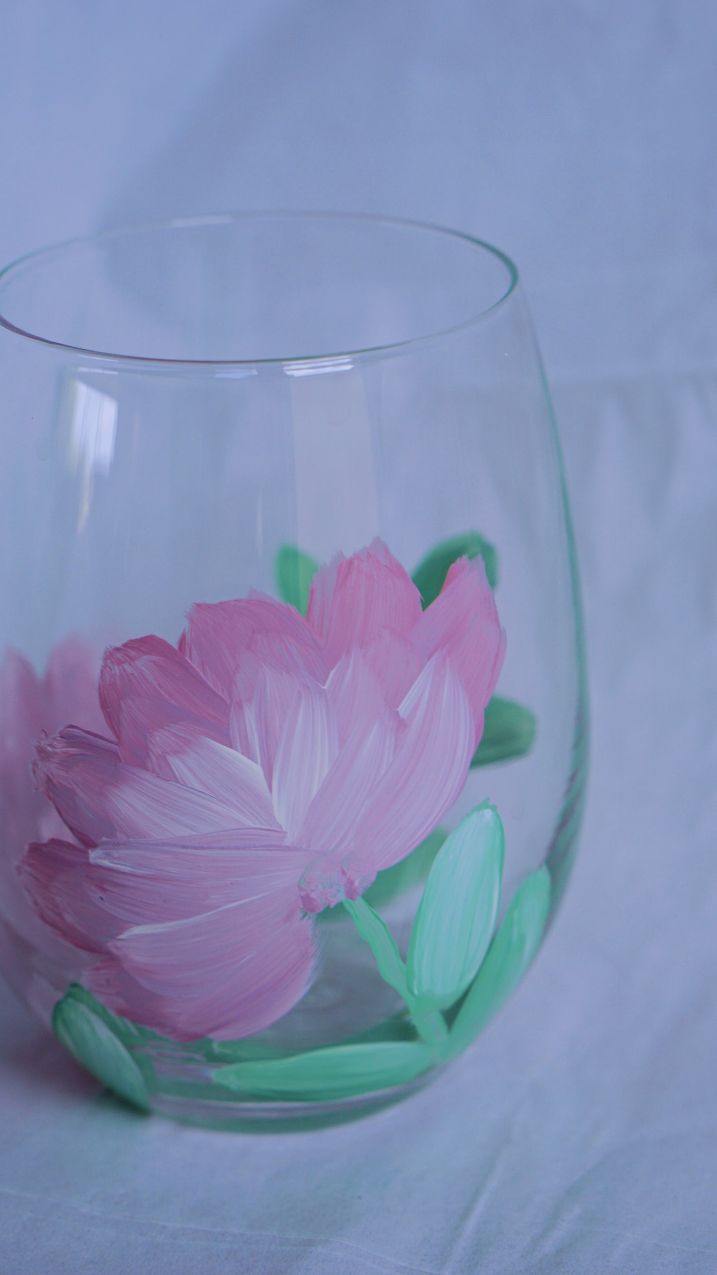 Hand Painted Stemless Wine Glass - Purple Flower