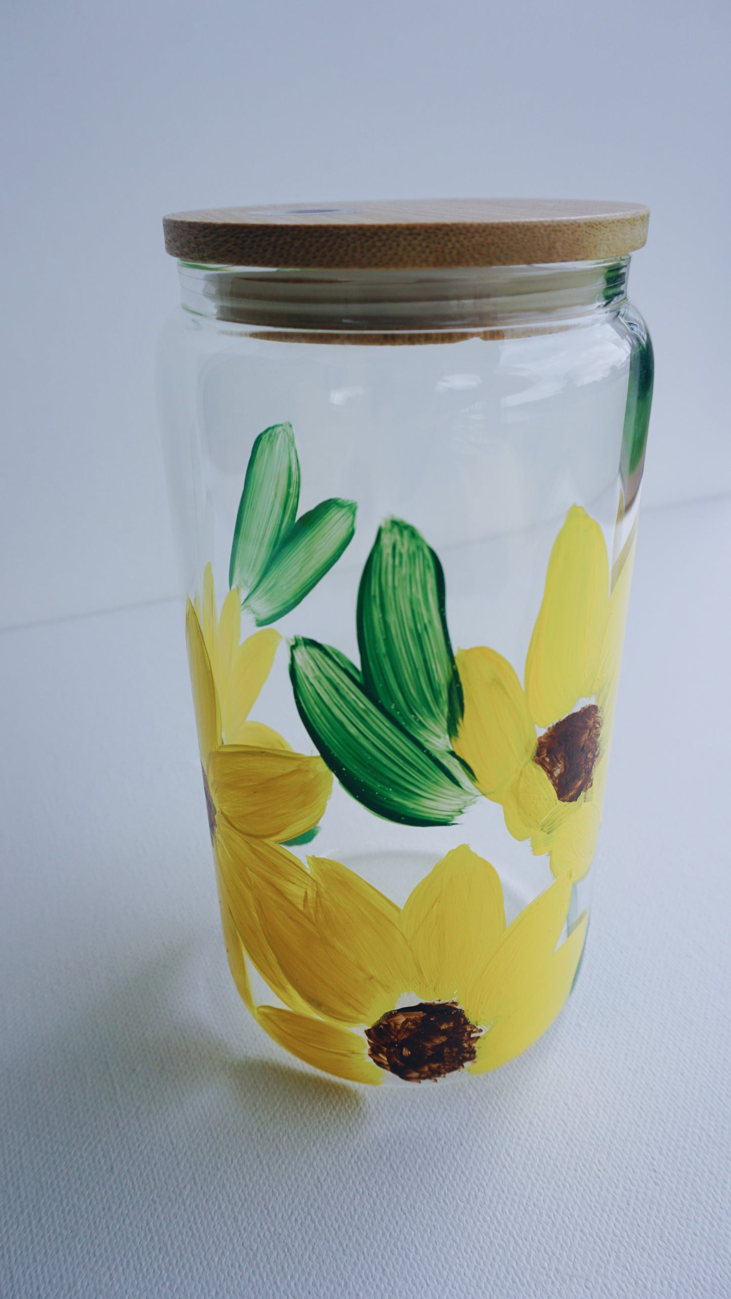 Hand Painted Glass Cup with Bamboo Lid and Glass Straw - Sunflower