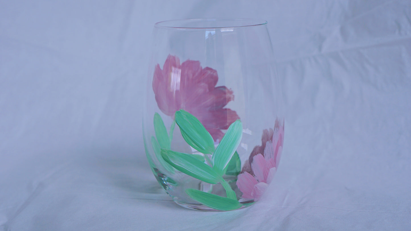 Hand Painted Stemless Wine Glass - Purple Flower