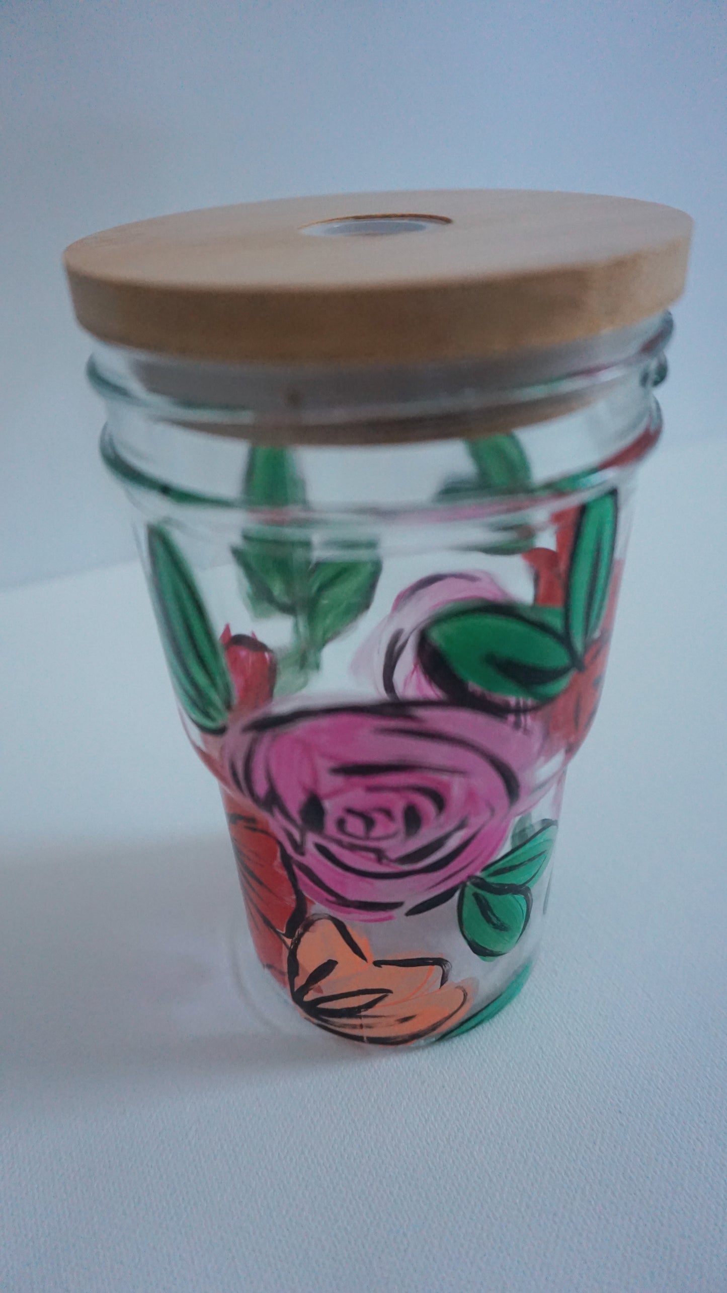 Hand Painted Glass Tumbler with Bamboo Lid and Glass Straw - “Desi’s Bouquet”