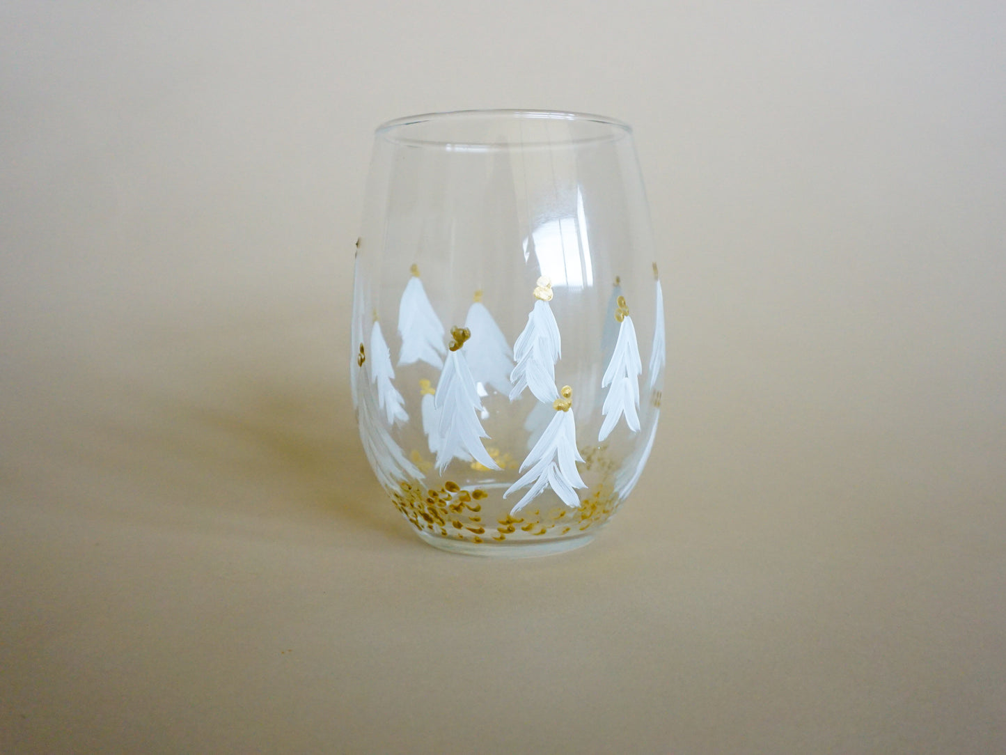 Hand Painted Stemless Wine Glass - White Christmas Trees