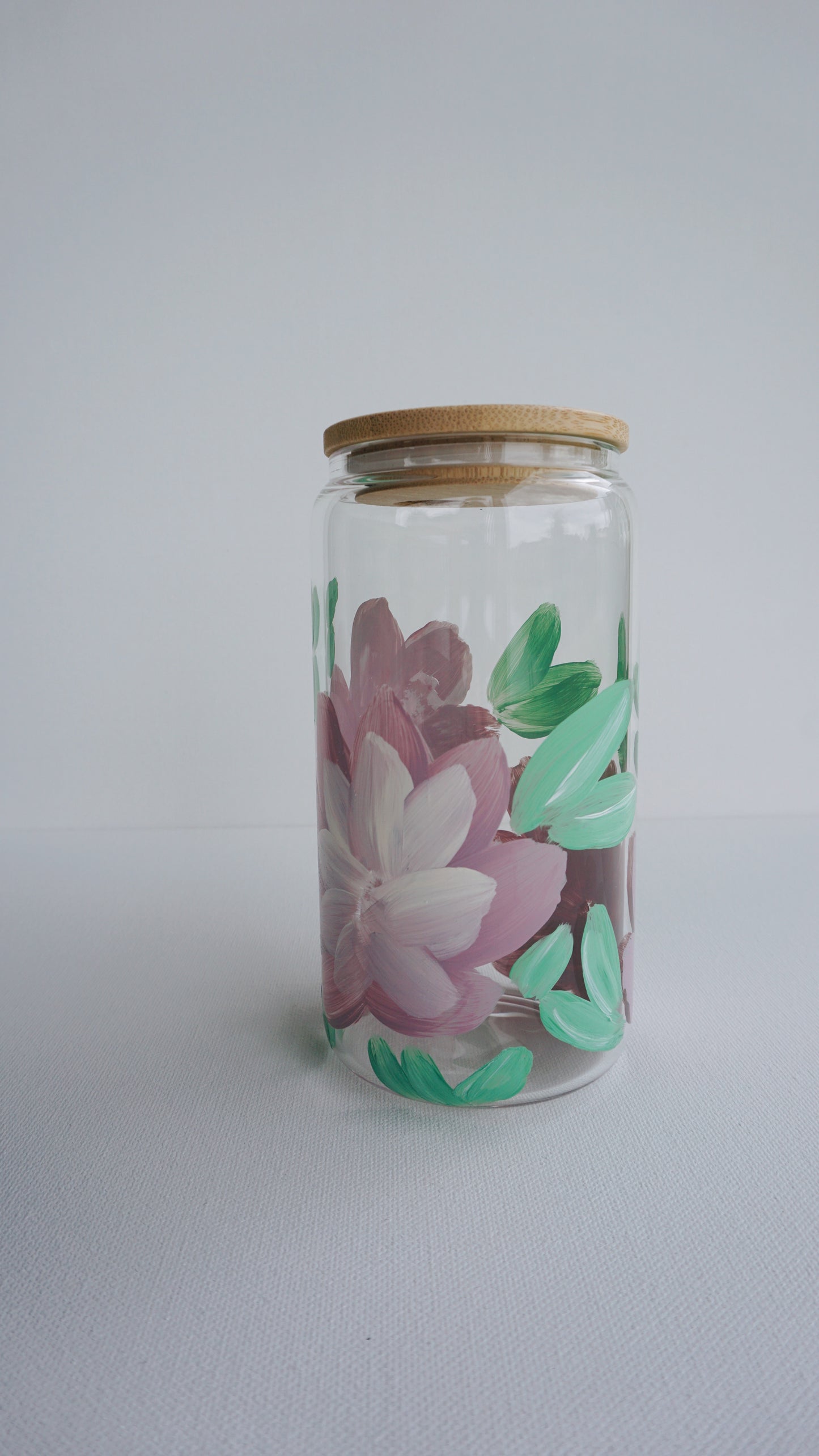 Hand Painted Glass Cup with Bamboo Lid and Glass Straw - Purple Flower