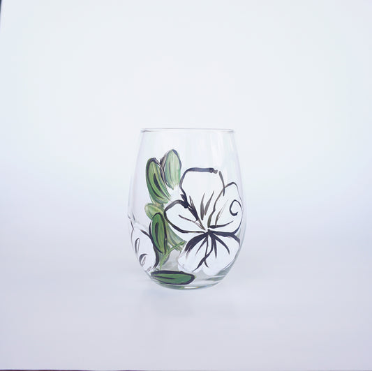 Hand Painted Stemless Wine Glass - Whiten Comic Style Flower