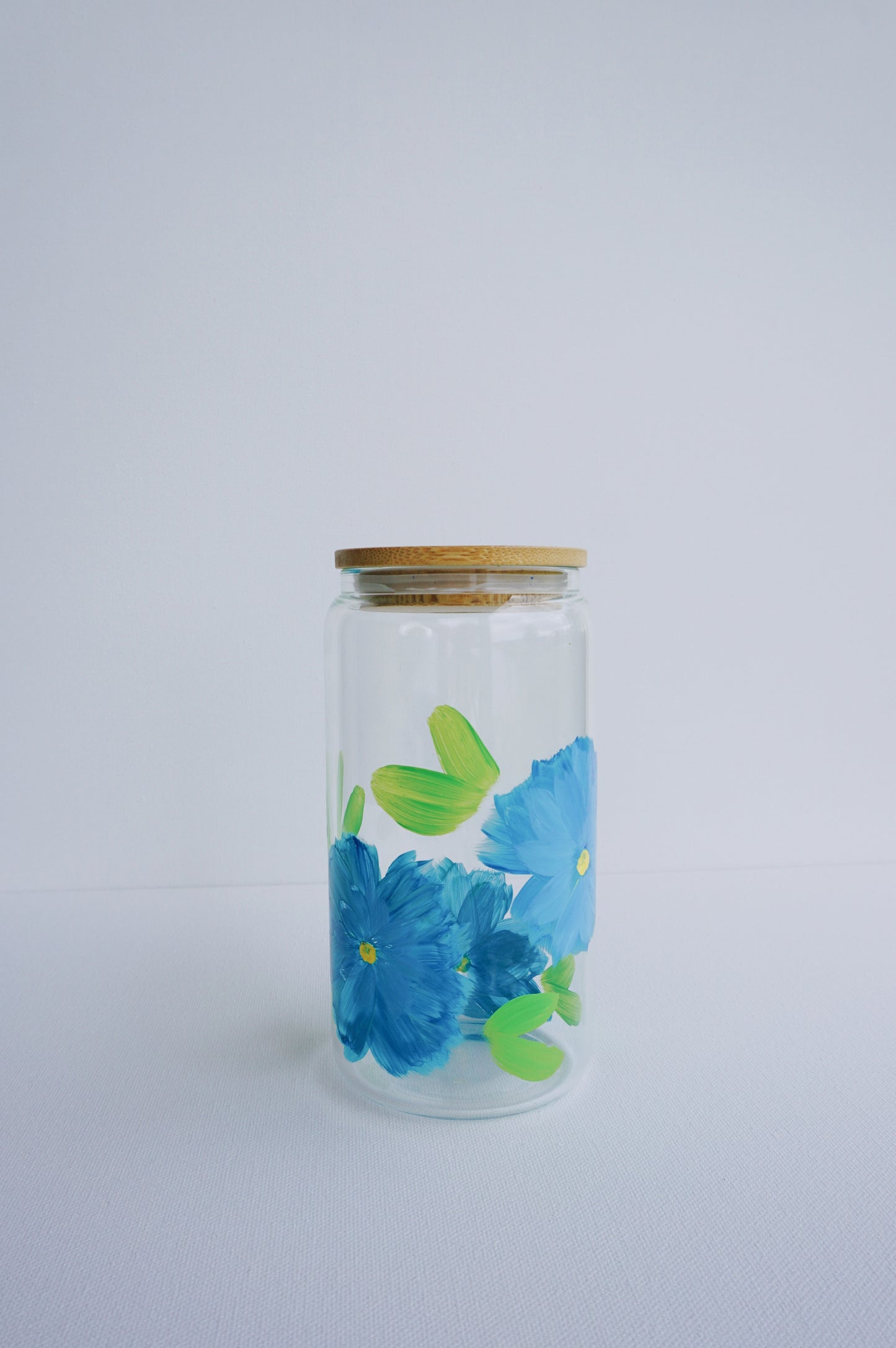 Hand Painted Glass Cup with Bamboo Lid and Glass Straw - Ocean Blue Flower