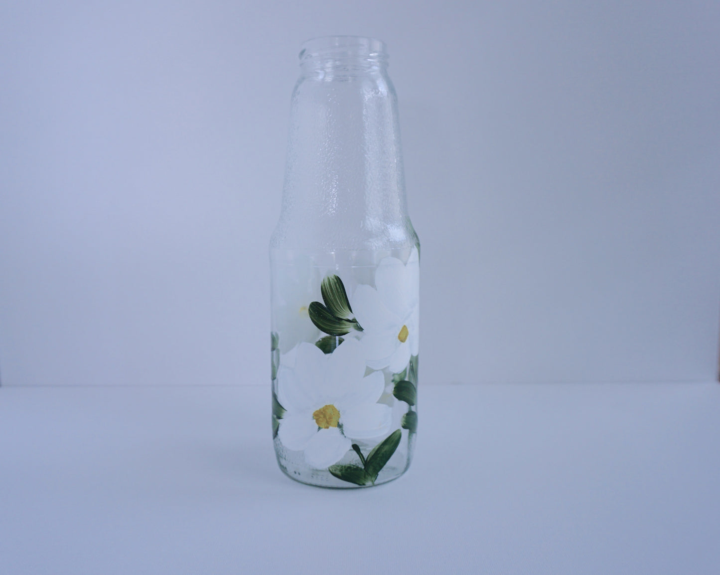 Hand Painted Glass Bottle - Large Tall - White Flower