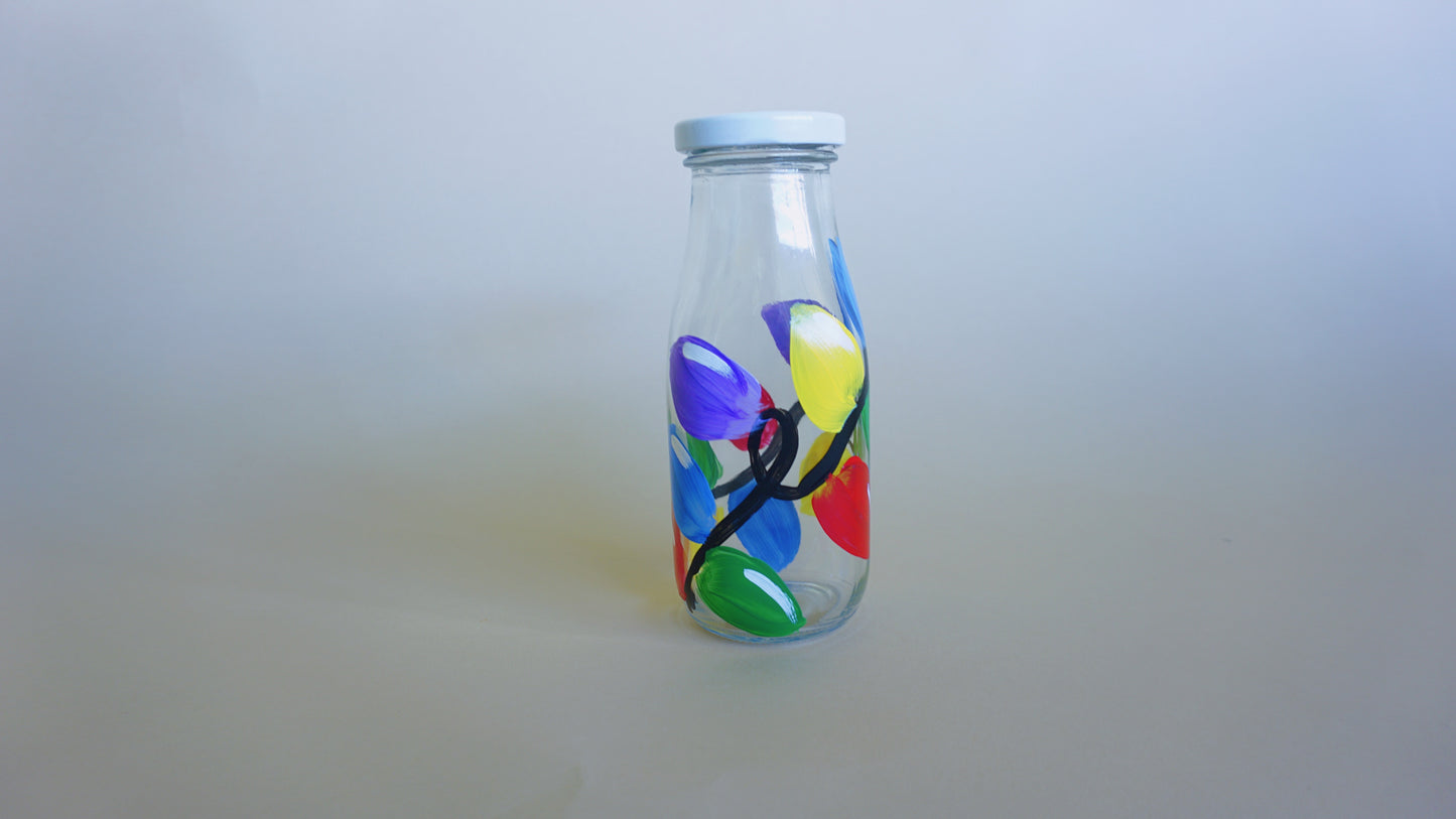 Hand Painted Glass Milk Bottle - Christmas Lights