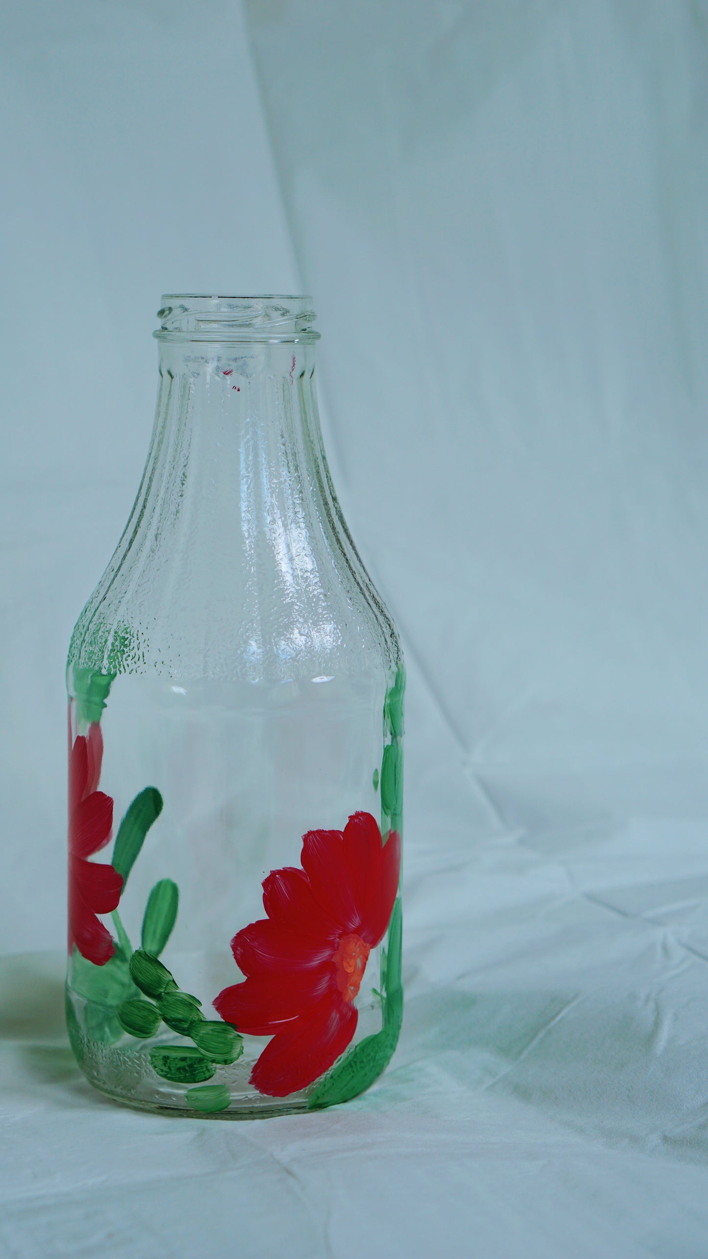 Hand Painted Glass Bottle - Large - Red Flower