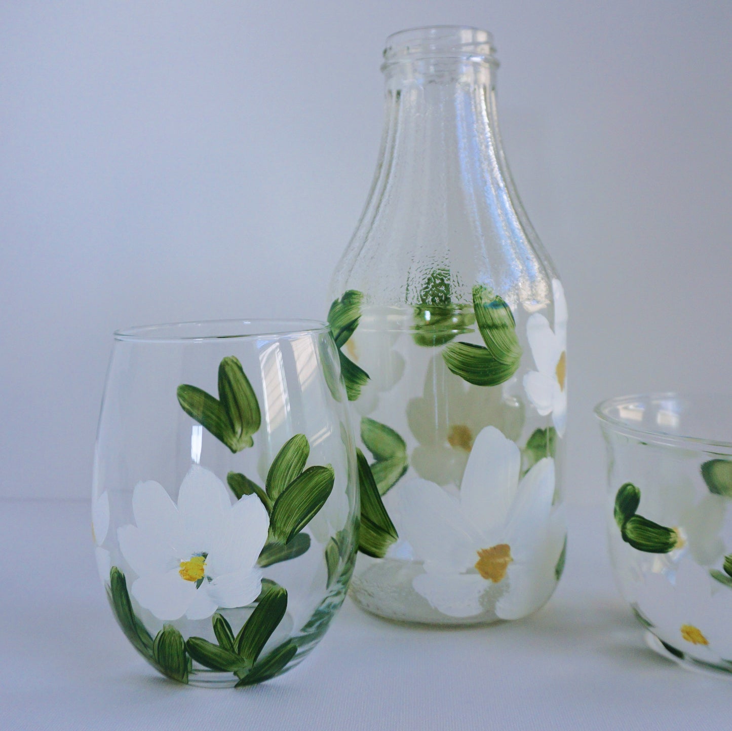 Hand Painted Glass Bottle - Large - White Flower