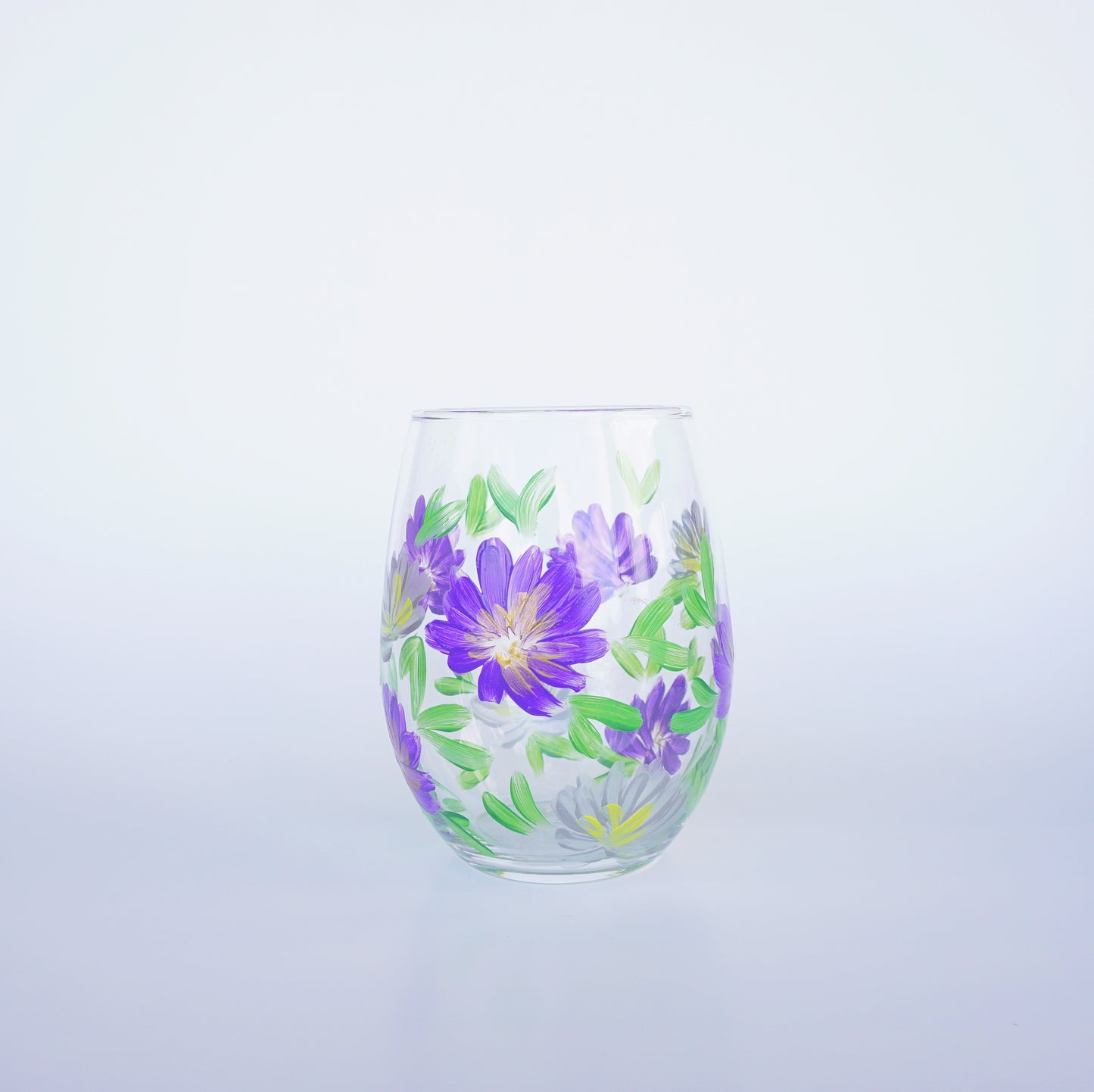 Hand Painted Stemless Wine Glass - Purple + Silver Small Flowers