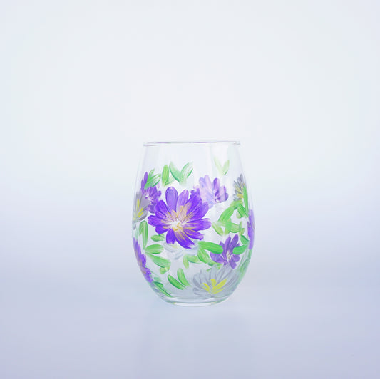 Hand Painted Stemless Wine Glass - Purple + Silver Small Flowers