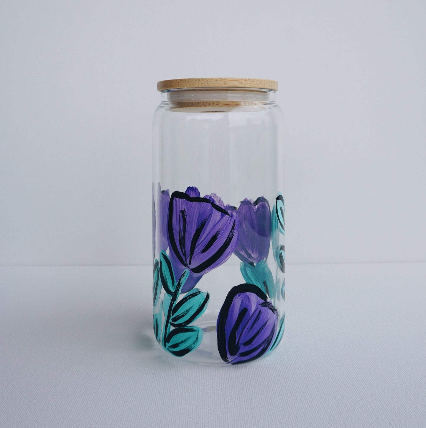 Hand Painted Glass Cup with Bamboo Lid and Glass Straw - Comic Book Purple Tulip