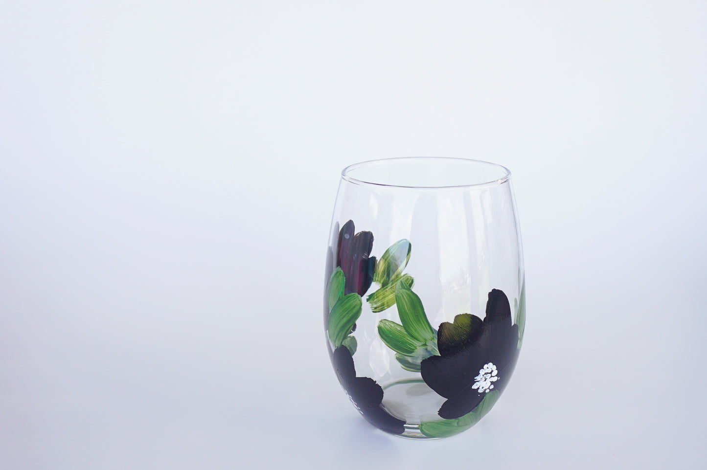 Hand Painted Stemless Wine Glass - Black Flower