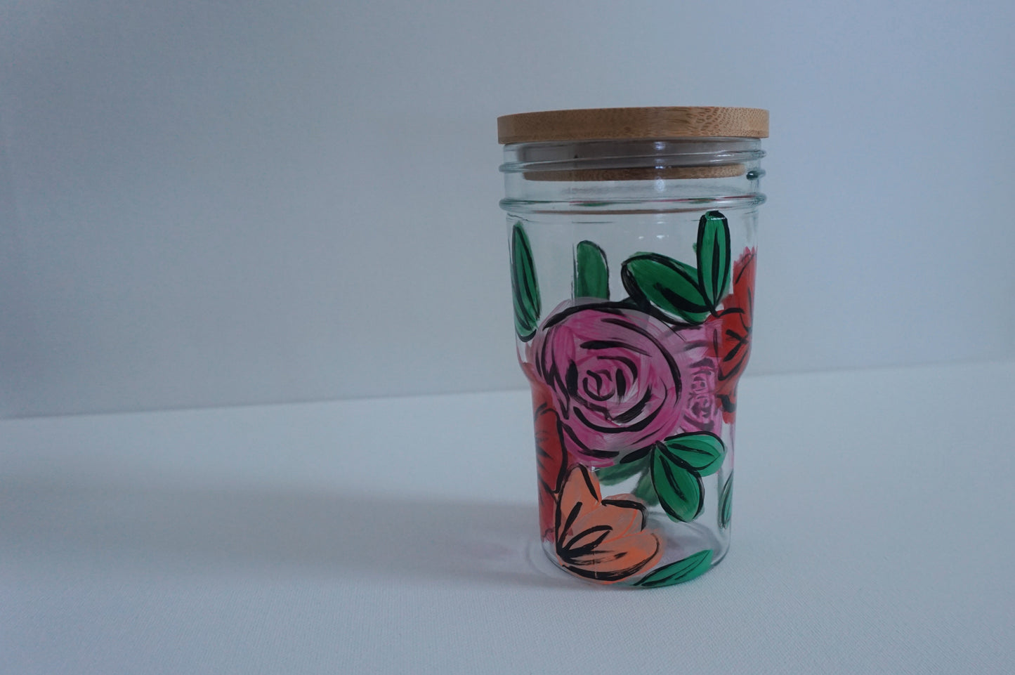 Hand Painted Glass Tumbler with Bamboo Lid and Glass Straw - “Desi’s Bouquet”