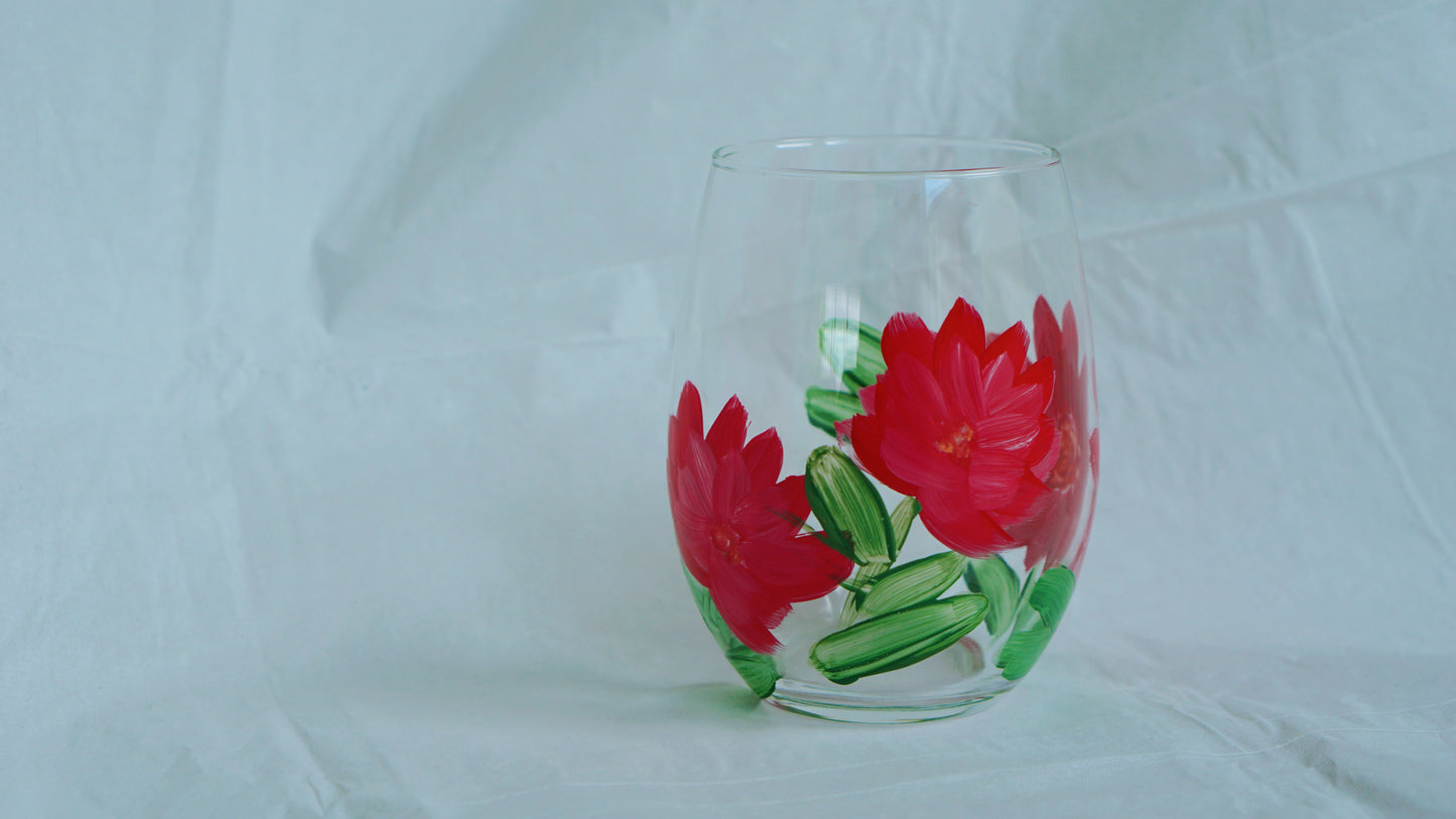 Hand Painted Stemless Wine Glass - Red Flower