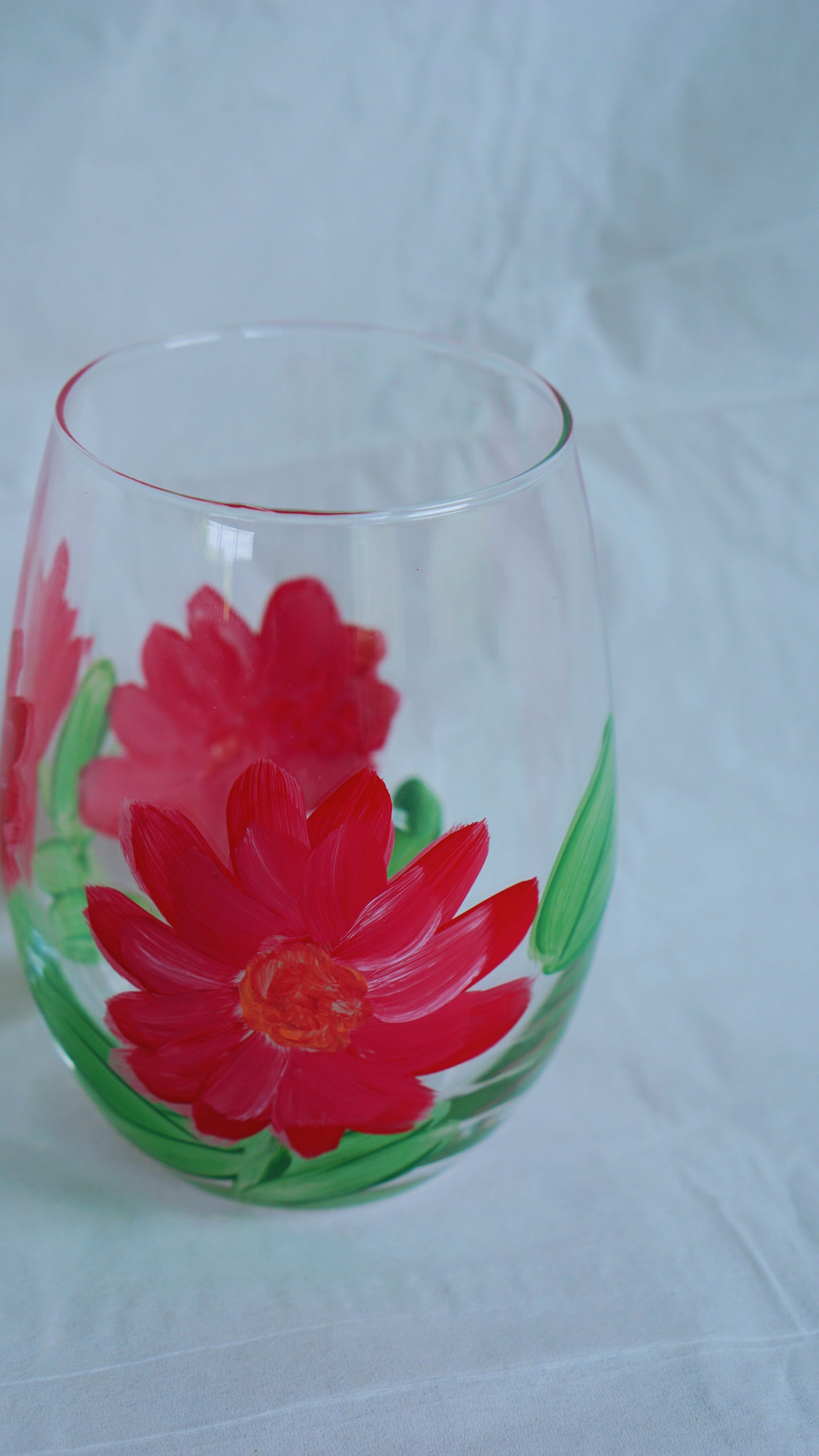 Hand Painted Stemless Wine Glass - Red Flower