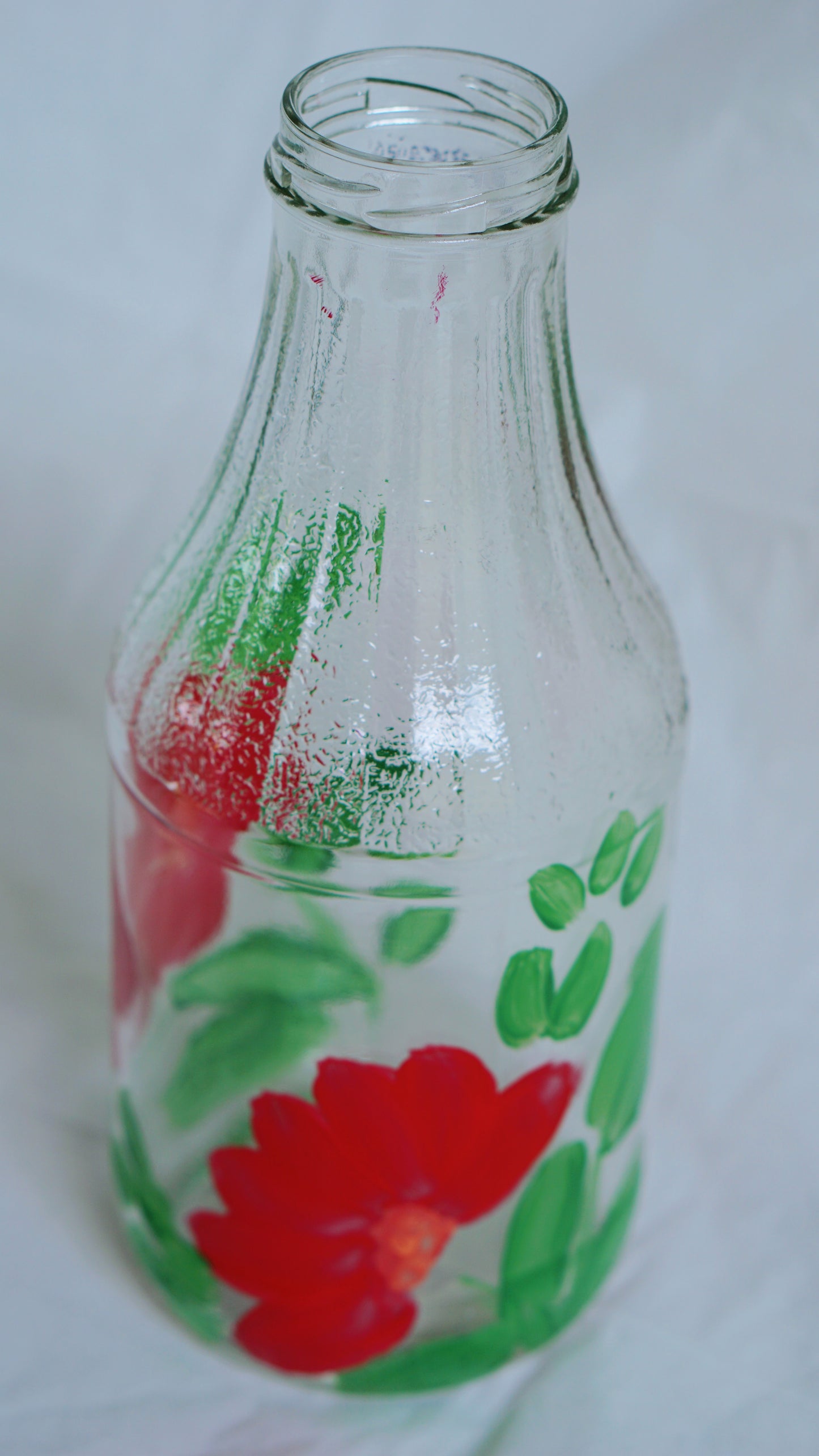 Hand Painted Glass Bottle - Large - Red Flower