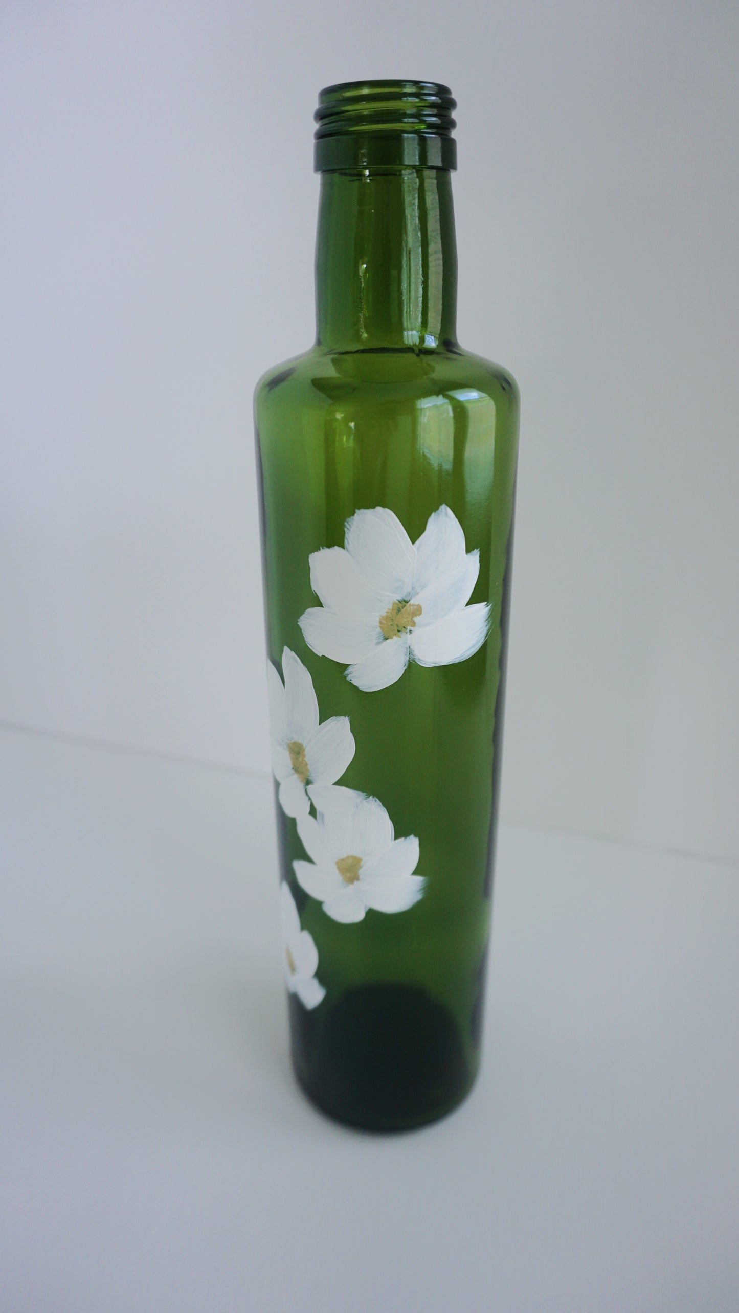 Hand Painted Glass Bottle - Transparent Green - White Flower