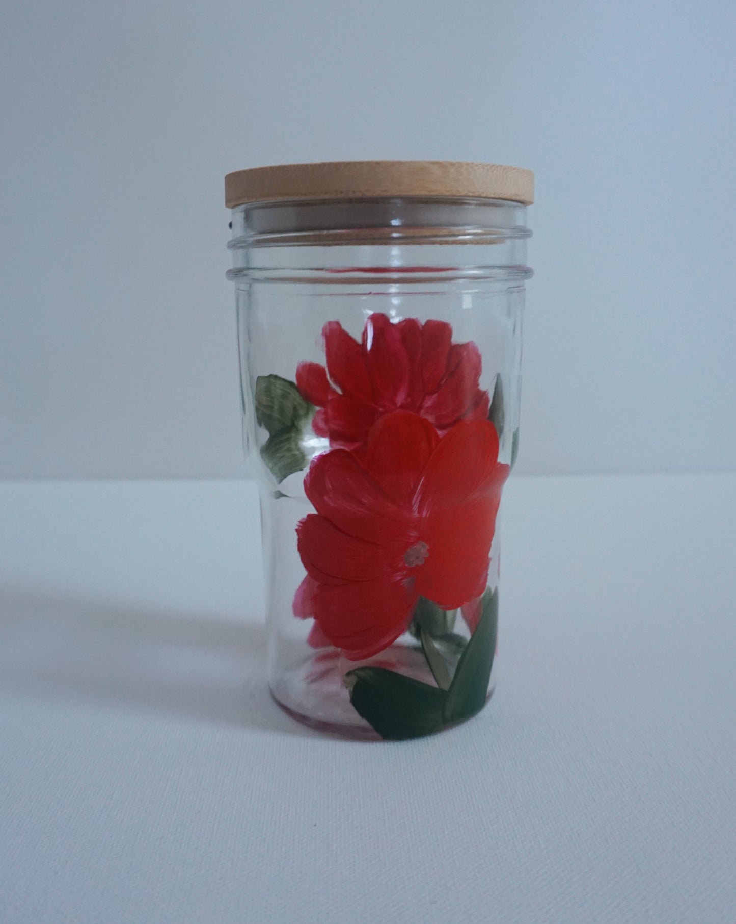 Hand Painted Glass Tumbler with Bamboo Lid and Glass Straw - Red Flower