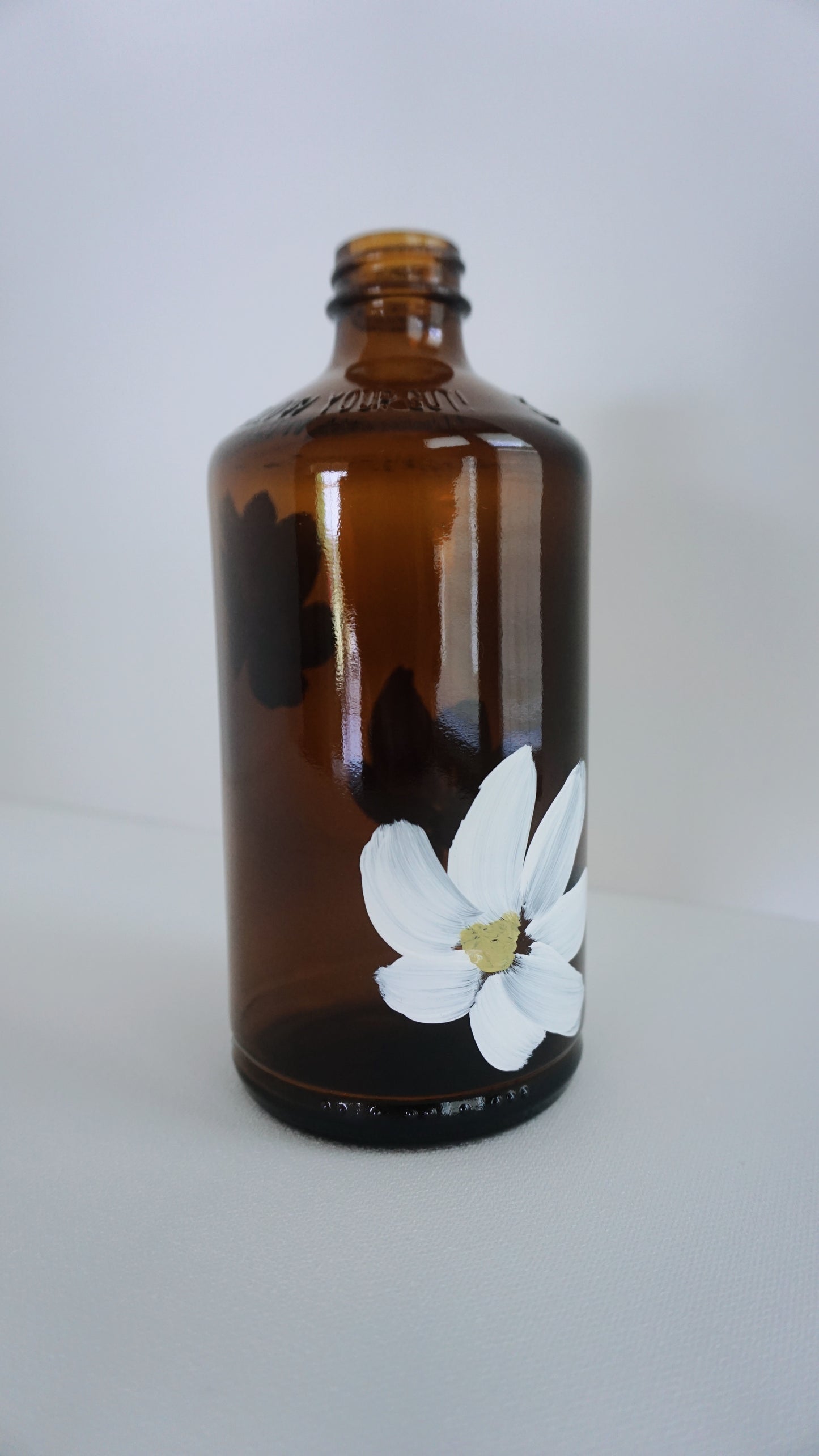 Hand Painted Glass Bottle - Transparent Brown - White Flower