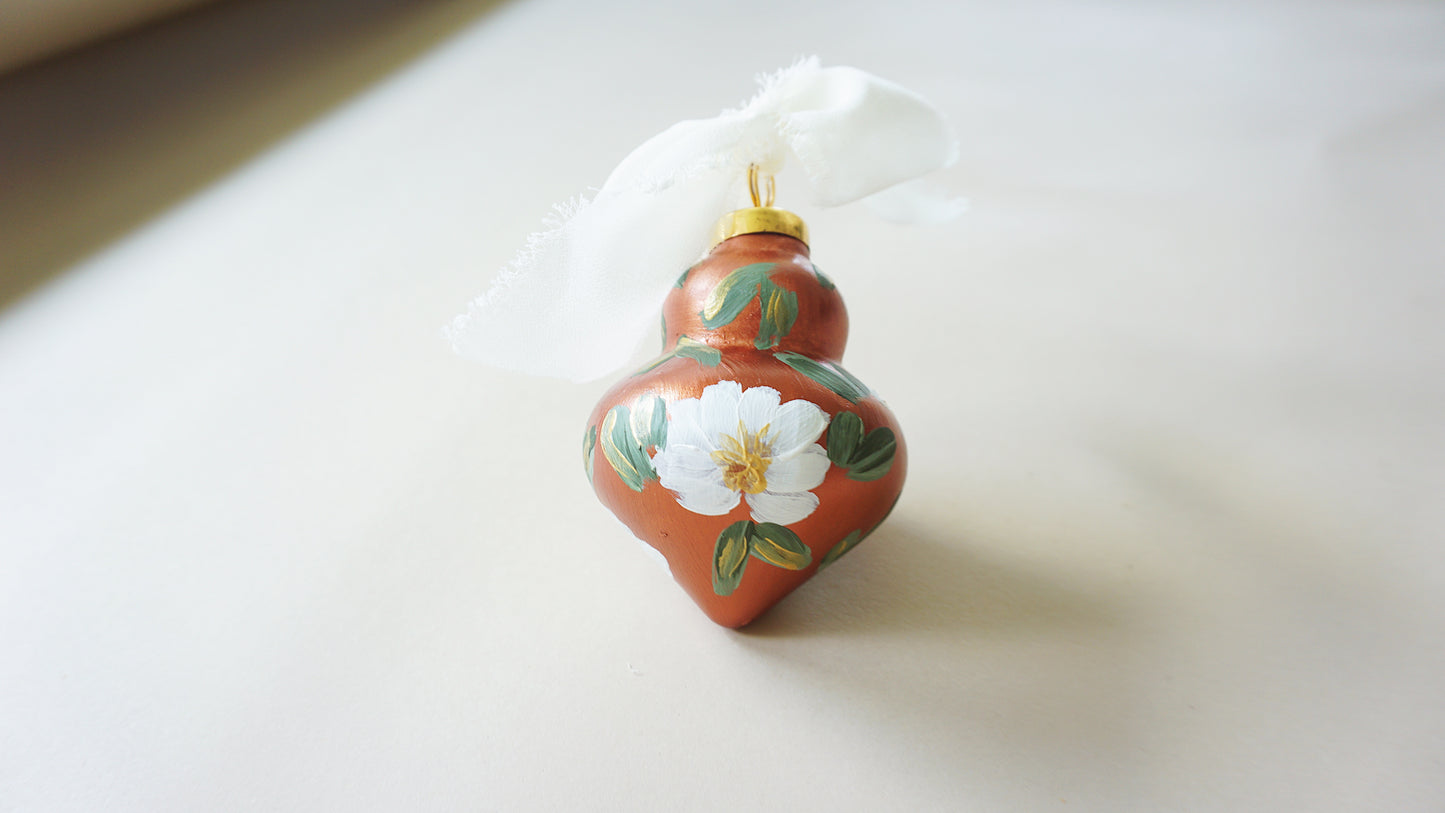 Bronze + White Flowers - Christmas Tree Ceramic Ornament