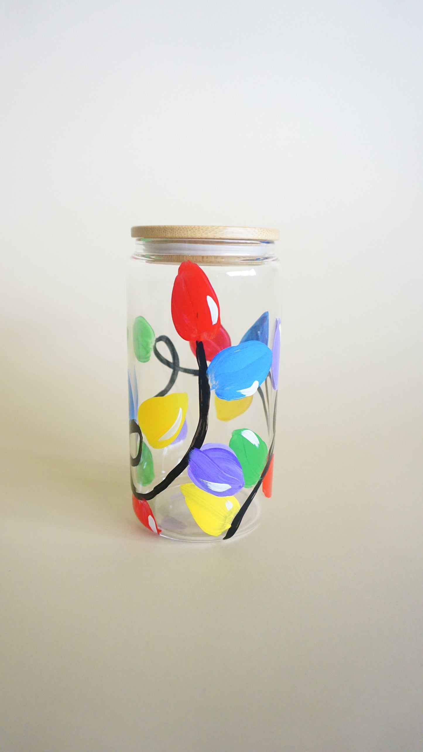 Hand Painted Glass Cup with Bamboo Lid and Glass Straw - Christmas Lights