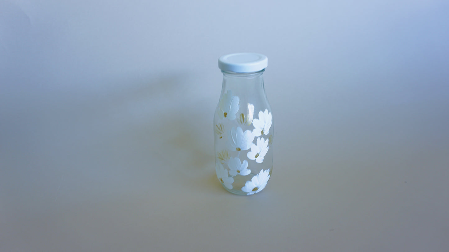 Hand Painted Glass Milk Bottle - White and Gold Flowers