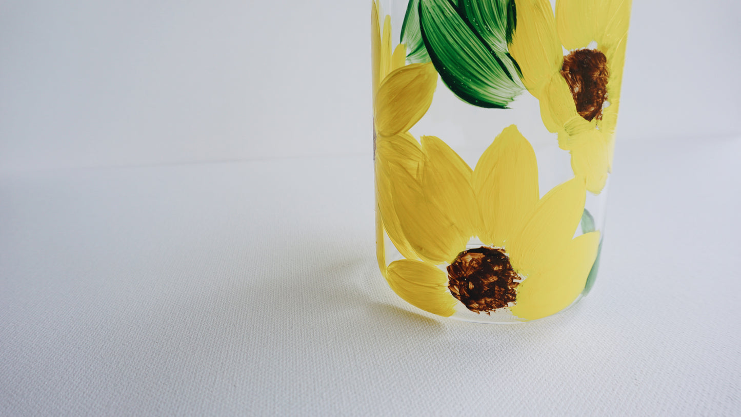 Hand Painted Glass Cup with Bamboo Lid and Glass Straw - Sunflower